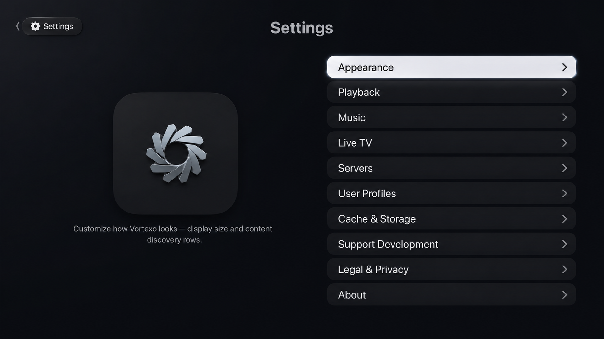 Vortexo settings screen
